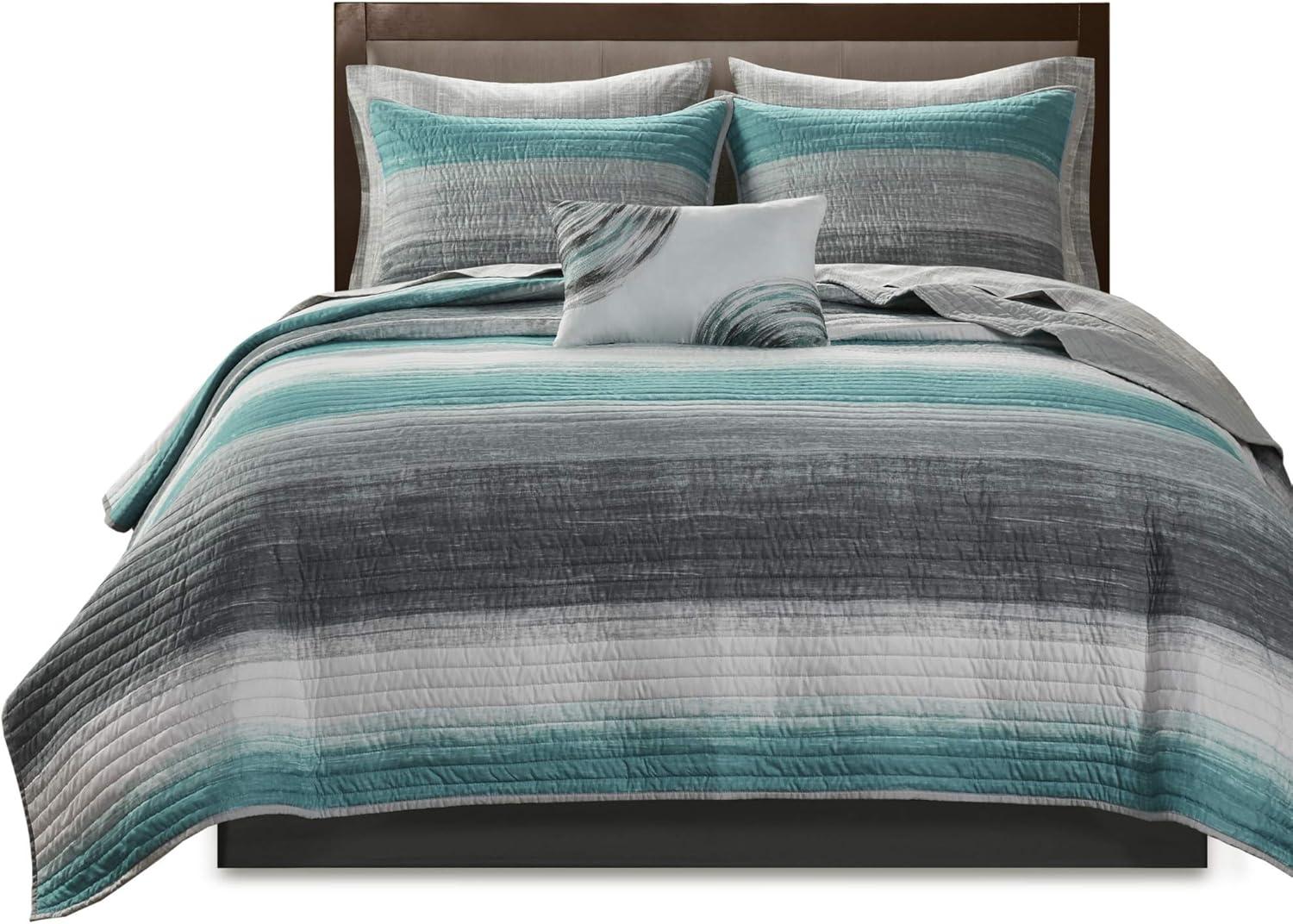 imageMadison Park Essentials Saben Cozy Bed in A Bag Reversible Quilt with Complete Cotton Sheet SetGeometric Design All Season Cover Decorative Pillow Queen90x90 Stripes Navy 8 PieceStripes Aqua Coverlet Biab 6pcs