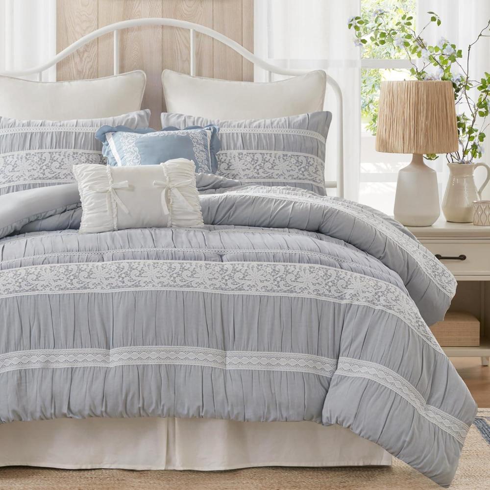 imageMadison Park 5Piece Farmhouse Comforter Set with Ruching amp Lace Trim Soft Chambray Bedding Includes Comforter and 2 Decorative Pillows Queen Charmbray  LightweightCharmbray