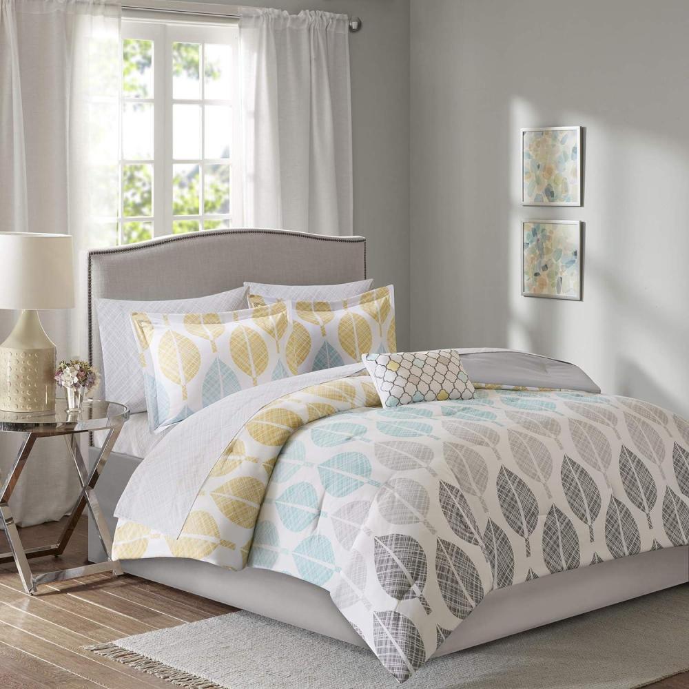 imageMadison Park Essentials Queen Comforter Set Bed in a Bag Watercolor Print Coastal Comforter amp Chambray Cotton Sheet Set All Season Bedding Set Saben Black Queen 90 in x 90 in 9 PieceLeaf YellowAqua