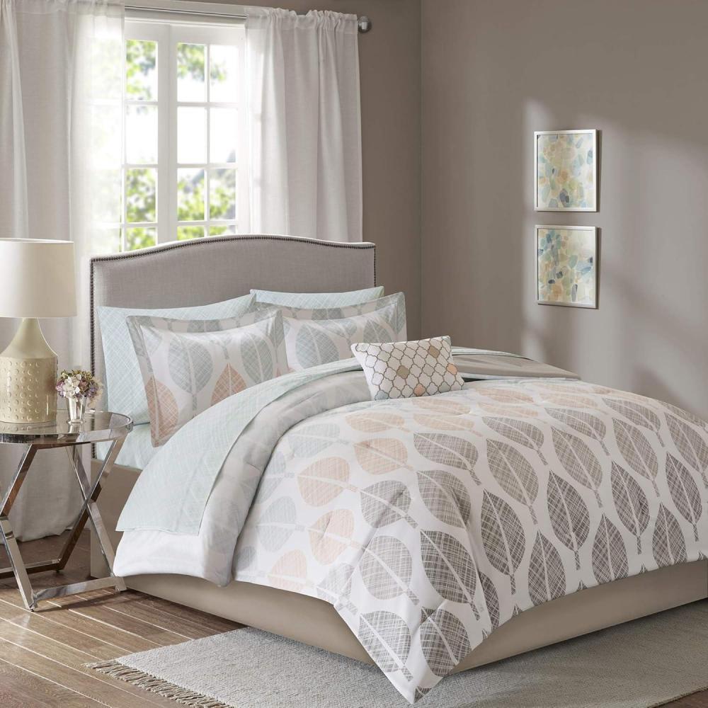 imageMadison Park Essentials Queen Comforter Set Bed in a Bag Watercolor Print Coastal Comforter amp Chambray Cotton Sheet Set All Season Bedding Set Saben Black Queen 90 in x 90 in 9 PieceLeaf CoralGreen