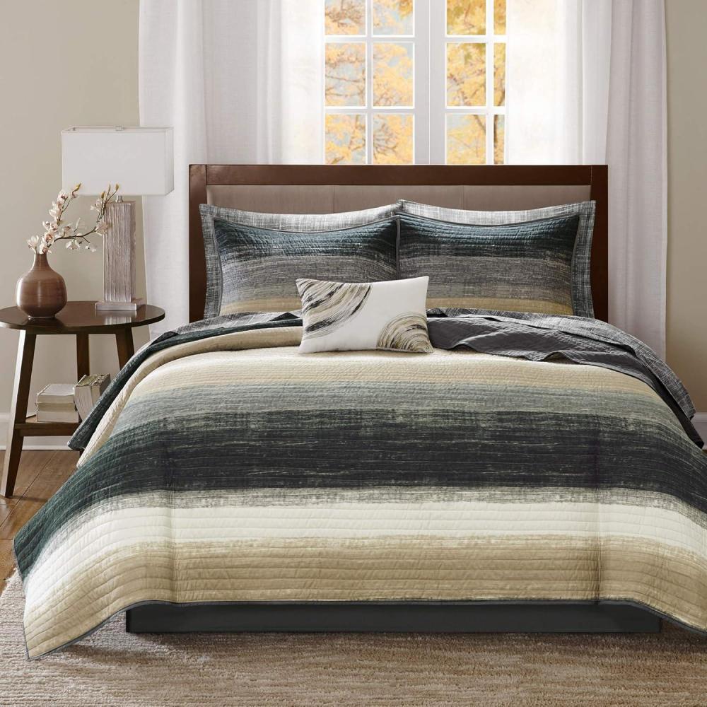 imageMadison Park Essentials Saben Cozy Bed in A Bag Reversible Quilt with Complete Cotton Sheet SetGeometric Design All Season Cover Decorative Pillow Queen90x90 Stripes Navy 8 PieceStripes Taupe Coverlet Biab 8pcs