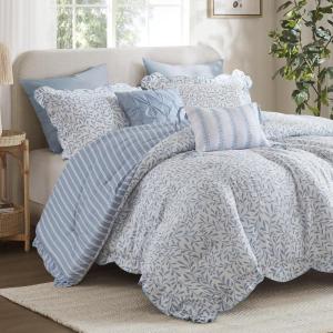 Madison Park 5-Piece Reversible Botanical Comforter Set – Summer Floral Print with Scalloped Edges, Lightweight Bedding with Decorative Pillows, Queen, Market Green | Reversible, Lightweight(Blue)