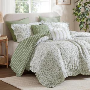 Madison Park 5-Piece Reversible Botanical Comforter Set – Summer Floral Print with Scalloped Edges, Lightweight Bedding with Decorative Pillows, Queen, Market Green | Reversible, Lightweight(Sage Green)