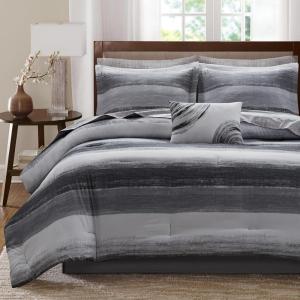 Madison Park Essentials Queen Comforter Set, Bed in a Bag, Watercolor Print Coastal Comforter & Chambray Cotton Sheet Set, All Season Bedding Set, Saben, Black Queen (90 in x 90 in) 9 Piece(Black)