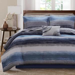 Madison Park Essentials Queen Comforter Set, Bed in a Bag, Watercolor Print Coastal Comforter & Chambray Cotton Sheet Set, All Season Bedding Set, Saben, Black Queen (90 in x 90 in) 9 Piece(Navy)