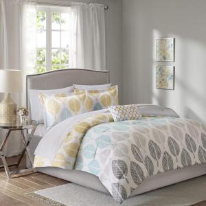 Madison Park Essentials Queen Comforter Set, Bed in a Bag, Watercolor Print Coastal Comforter & Chambray Cotton Sheet Set, All Season Bedding Set, Saben, Black Queen (90 in x 90 in) 9 Piece(Leaf Yellow/Aqua)