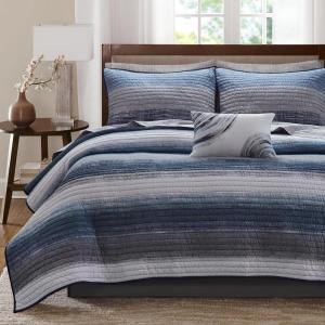 Madison Park Essentials Saben Cozy Bed in A Bag Reversible Quilt with Complete Cotton Sheet Set-Geometric Design All Season Cover, Decorative Pillow, Queen(90″x90″), Stripes Navy 8 Piece(Navy)