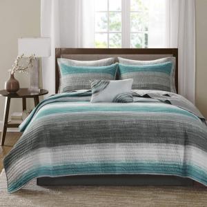 Madison Park Essentials Saben Cozy Bed in A Bag Reversible Quilt with Complete Cotton Sheet Set-Geometric Design All Season Cover, Decorative Pillow, Queen(90″x90″), Stripes Navy 8 Piece(Stripes Aqua Coverlet Biab 6pcs)