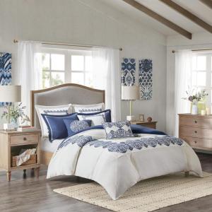 Madison Park Signature Queen Luxury Jacquard Comforter Set, Removable Duvet Cover with Insert, Oversized Overfilled Bedding, Hand-Guided Embroidered Texture Accents, Geometric Ivory, 8-Piece(Farmhouse Blue)