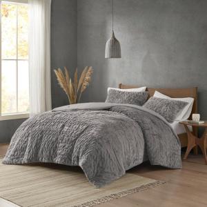 Madison Park Blair Ruched Faux Fur Comforter Set – Luxurious Bed Cover – Modern Down Alternative, All Season Bedding with Matching Shams, King/Cal King Ivory 3 Piece(Grey)