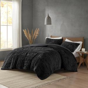 Madison Park Blair Ruched Faux Fur Comforter Set – Luxurious Bed Cover – Modern Down Alternative, All Season Bedding with Matching Shams, King/Cal King Ivory 3 Piece(Black)