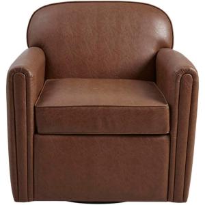 Madison Park Archer Faux Leather Swivel Accent Chair Cozy Swivel Chair for Living Room, 6″ Thick Removable Cushion, Classic Armchair Family Room Furniture Bedroom Chair Cognac, Brown, 30.5″ W