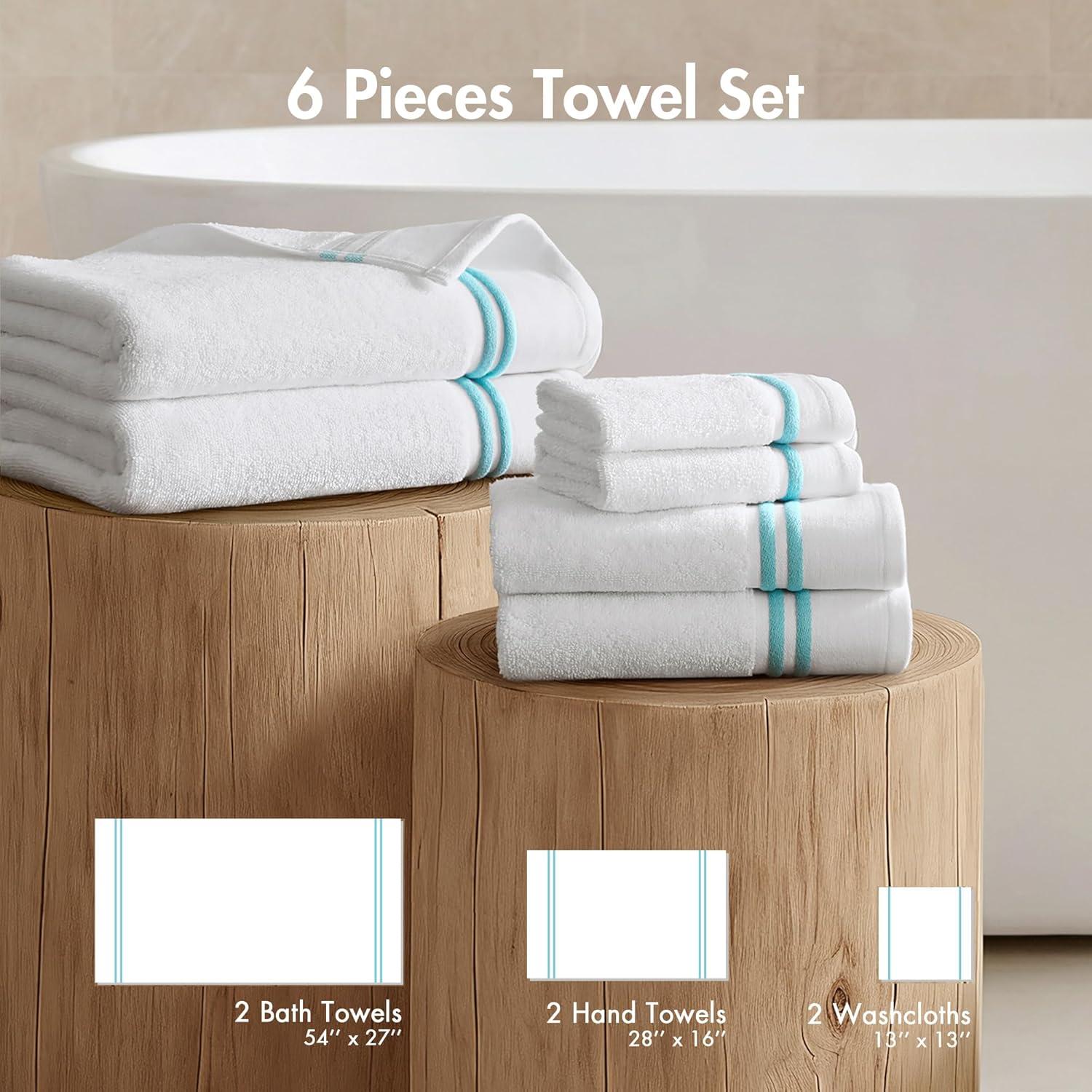 imageMadison Park 6 Piece Bath Towel Set 600 GSM 100 Cotton Terry Highly Absorbent Quick Dry Bathroom Towels with Hotel Style Border Soft Plush Bath Hand Washcloth Set BeigeAqua