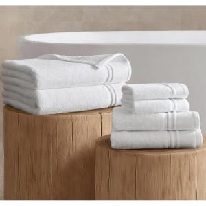Madison Park 6 Piece Bath Towel Set 600 GSM, 100% Cotton Terry, Highly Absorbent Quick Dry Bathroom Towels with Hotel Style Border, Soft Plush Bath Hand Washcloth Set, Beige(White)