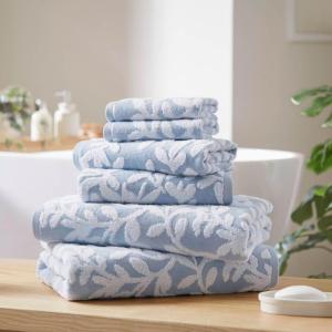 Madison Park Floral Decorative Towel Set of 6, Zero Twist Cotton Bath Towel Set with Botanical Leaf Pattern, Soft Absorbent Quick Dry Bathroom Towels, Bath Hand Washcloth Set, Grey(Blue)