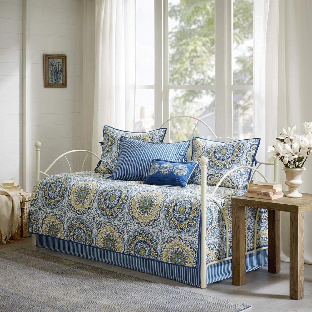 imageMadison Park Daybed Cover SetDouble Sided Quilting Casual Design All Season Bedding with Bedskirt Matching Shams Decorative Pillow 75x39 Medallion Blue 6 Piece