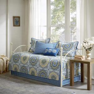 Madison Park Daybed Cover Set-Double Sided Quilting Casual Design All Season Bedding with Bedskirt, Matching Shams, Decorative Pillow, 75″x39″, Medallion Blue 6 Piece