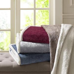Madison Park Elma Luxury Oversized Textured Plush Throw Grey 60*70 Premium Soft Cozy Embossed Micro Velour For Bed, Coach or Sofa(Blue)