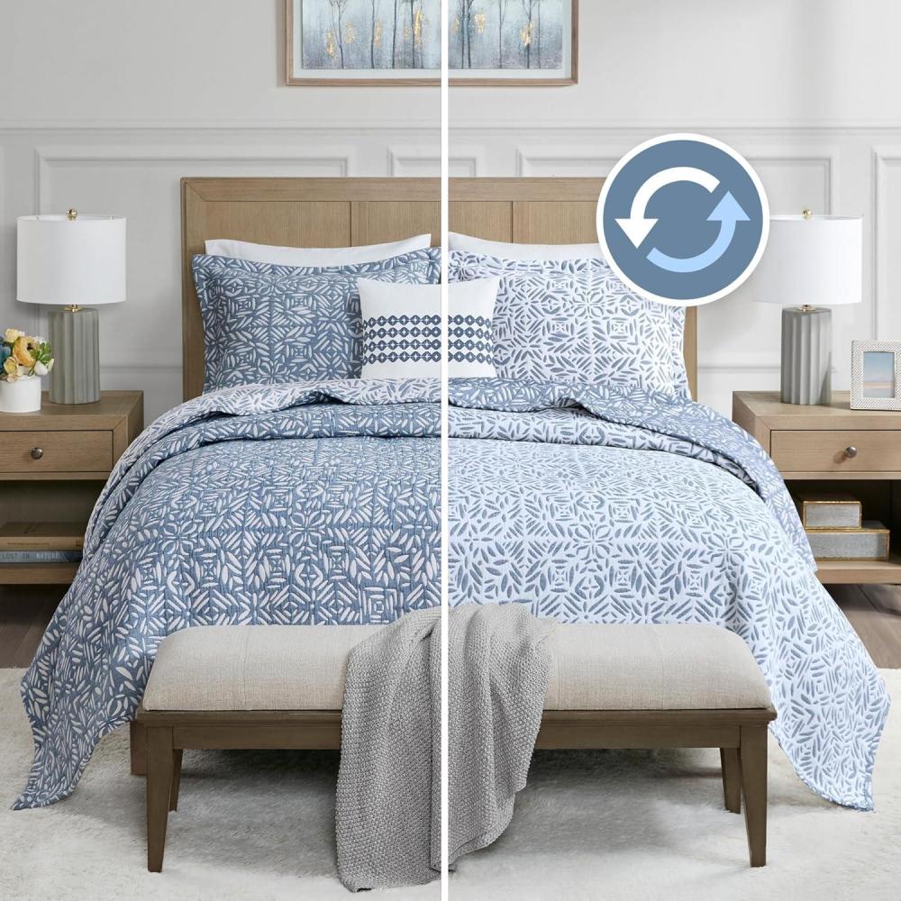 imageMadison Park Quilt Set Metelasse Reversible Coverlet Set Size Soft Summer Quilt All Season Lightweight Botannical Bedding King Shams Harmony KingCal King Blue 3 PieceBlue
