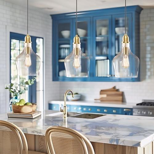 imageINKIVY Auburn Pendant Lighting for Dining Room Industrial Kitchen Lights Handblown Glass Bell Shaped Pendant Light for Kitchen Island Foyer Bedroom 9 Dia x 955 H GoldClearGoldClear