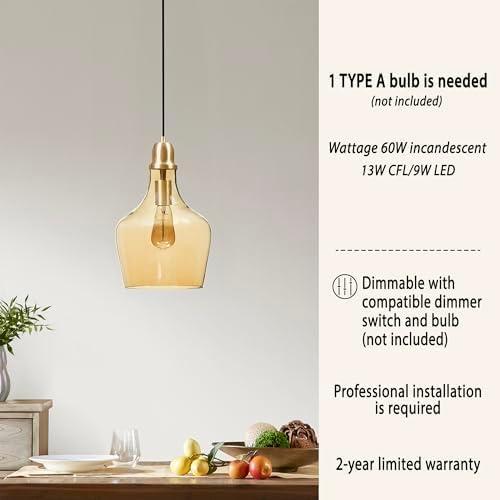 imageINKIVY Auburn Pendant Lighting for Dining Room Industrial Kitchen Lights Handblown Glass Bell Shaped Pendant Light for Kitchen Island Foyer Bedroom 9 Dia x 955 H GoldClearGoldAmber