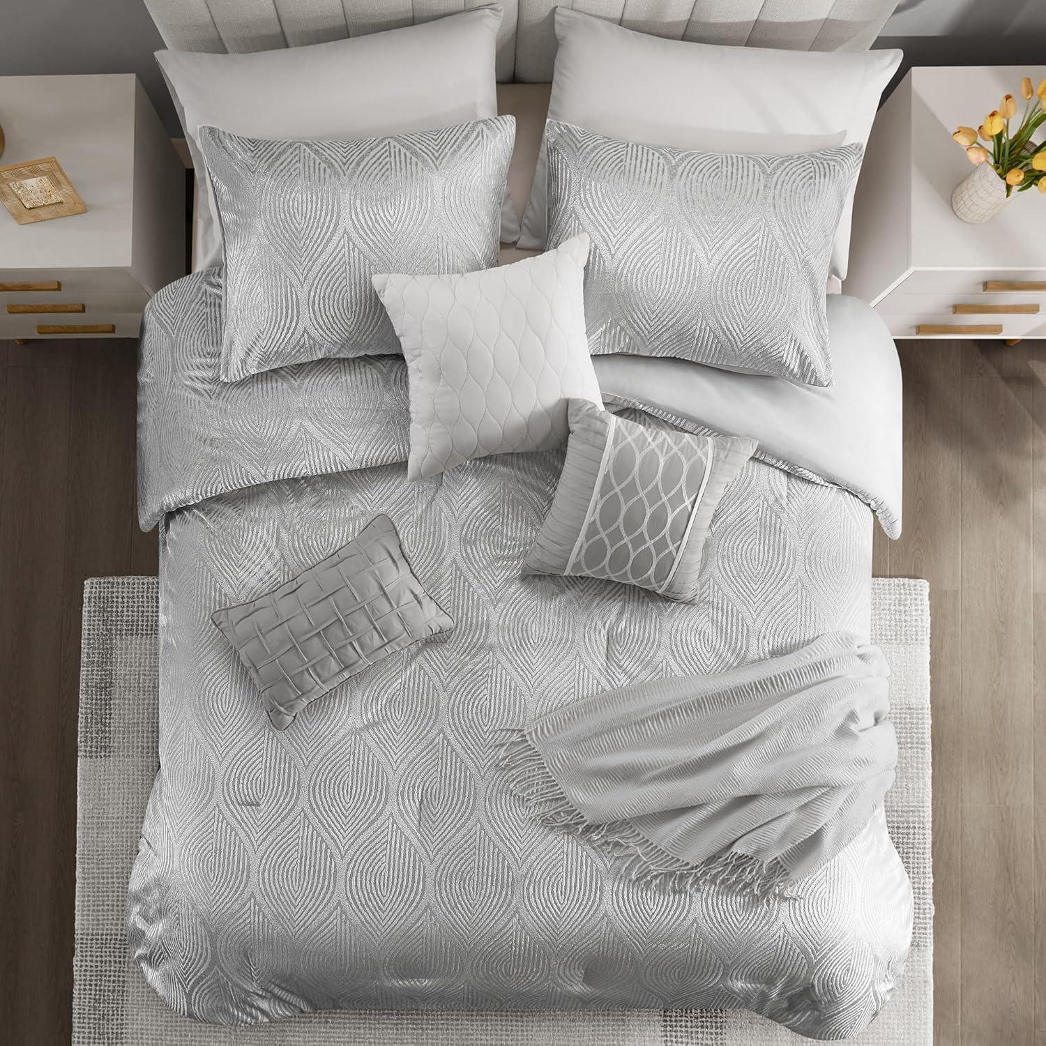 imageMadison Park 7Piece Velvet Comforter Set Jacquard Bedding Sets for All Season Includes Comforter Bed Skirt Pillow Shams and Decorative Pillow QueenKingCal King Nocturne Grey All SeasonGrey