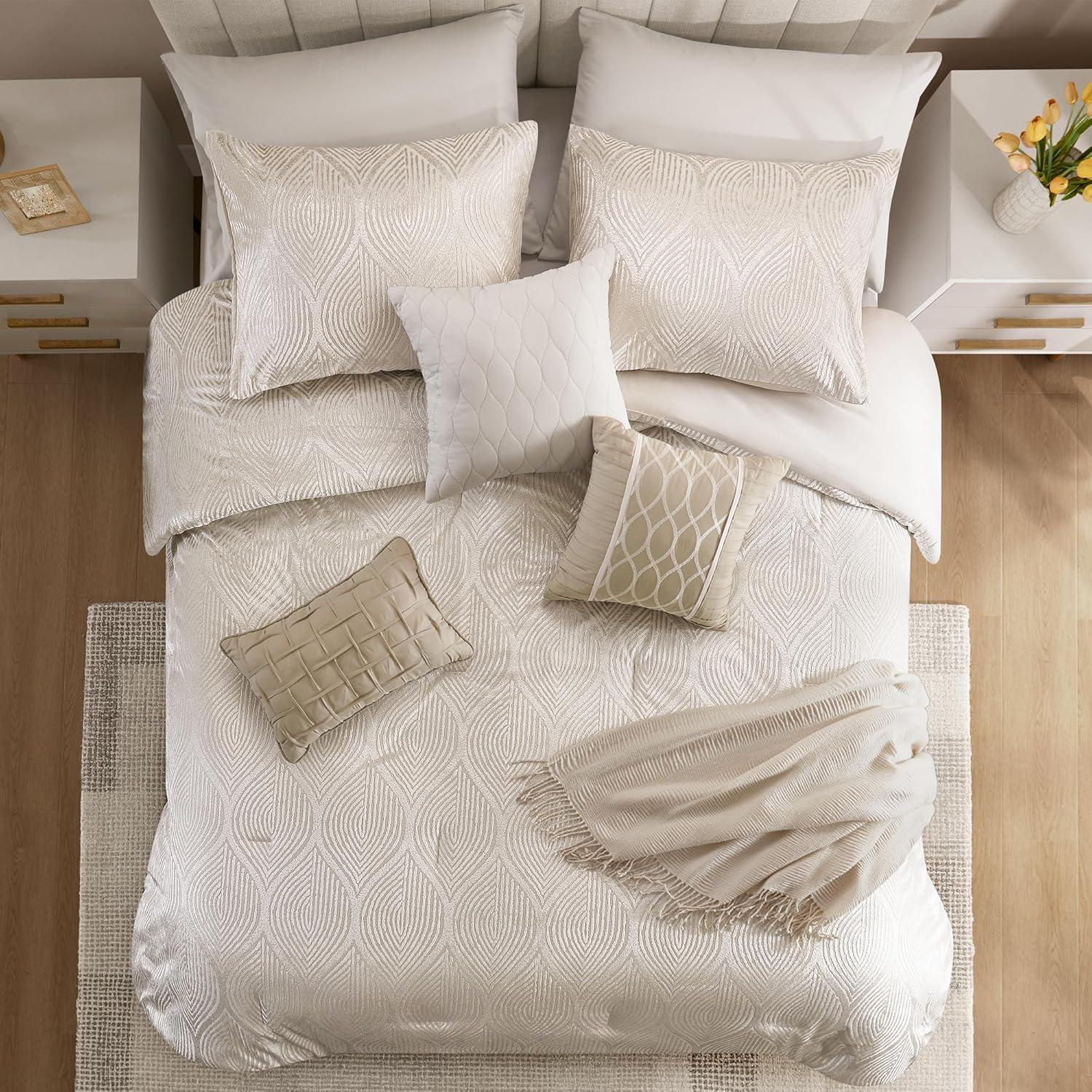 imageMadison Park 7Piece Velvet Comforter Set Jacquard Bedding Sets for All Season Includes Comforter Bed Skirt Pillow Shams and Decorative Pillow QueenKingCal King Nocturne Grey All SeasonChampagne