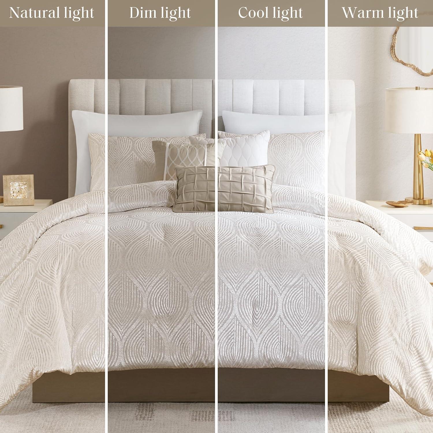 imageMadison Park 7Piece Velvet Comforter Set Jacquard Bedding Sets for All Season Includes Comforter Bed Skirt Pillow Shams and Decorative Pillow QueenKingCal King Nocturne Grey All SeasonChampagne