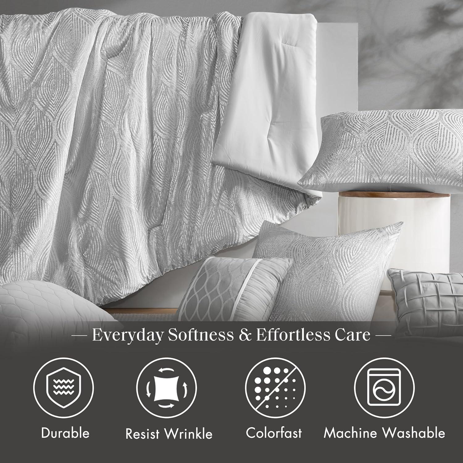 imageMadison Park 7Piece Velvet Comforter Set Jacquard Bedding Sets for All Season Includes Comforter Bed Skirt Pillow Shams and Decorative Pillow QueenKingCal King Nocturne Grey All SeasonGrey