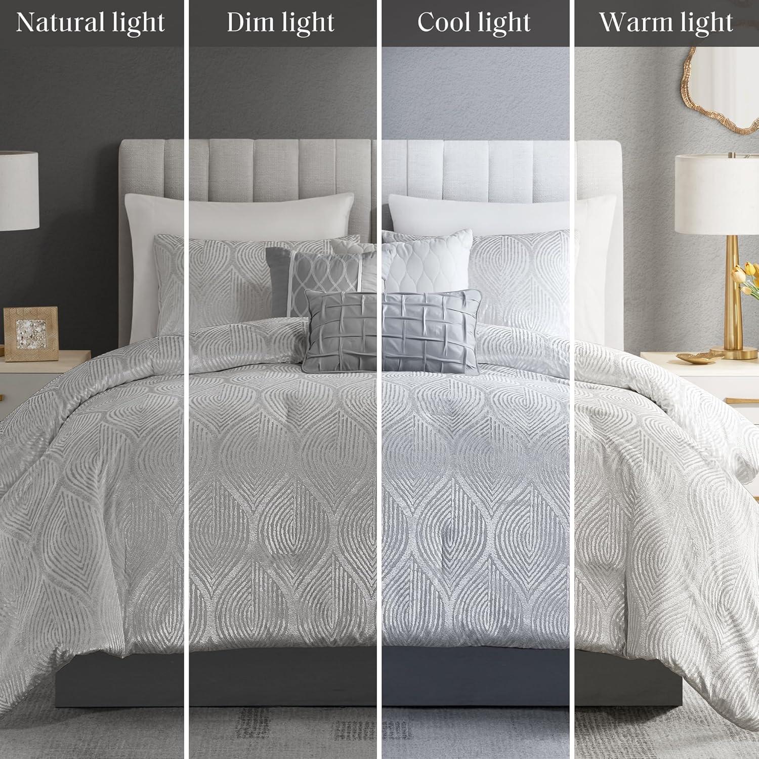 imageMadison Park 7Piece Velvet Comforter Set Jacquard Bedding Sets for All Season Includes Comforter Bed Skirt Pillow Shams and Decorative Pillow QueenKingCal King Nocturne Grey All SeasonGrey