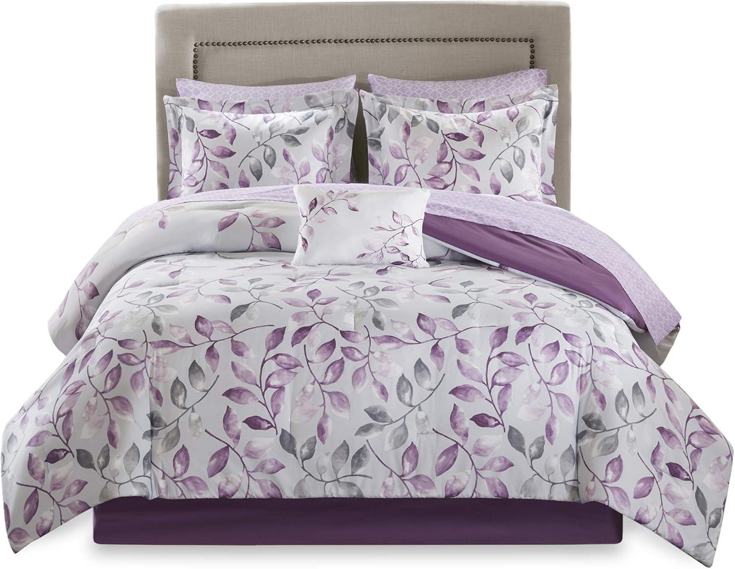 imageMadison Park Essentials Cozy Bed In A Bag Comforter with Complete Cotton Sheet Set Trendy Floral Design All Season Cover Decorative Pillow Full78x86 Leaf Purple 9 PieceLafael Leaf Purple