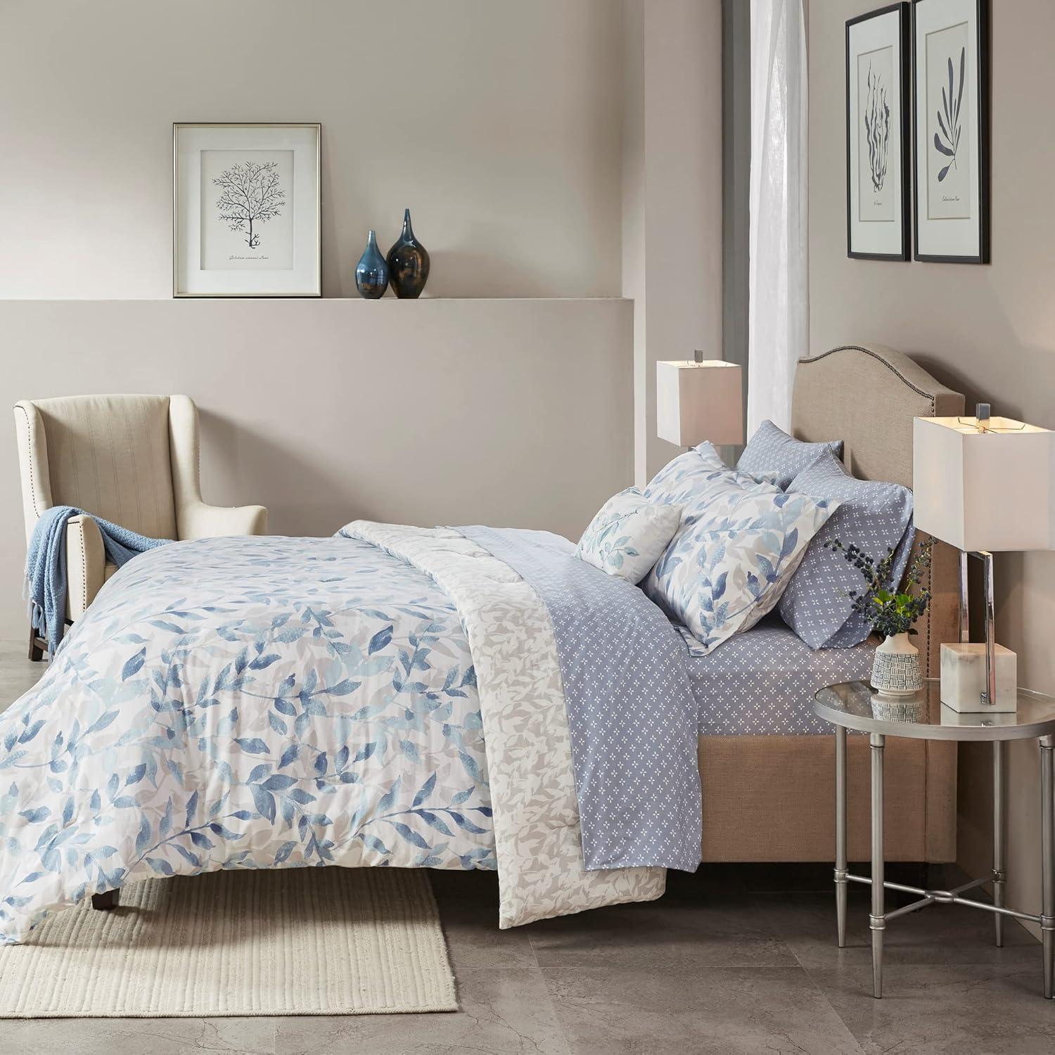 imageMadison Park Essentials Cozy Bed In A Bag Comforter with Complete Cotton Sheet Set Trendy Floral Design All Season Cover Decorative Pillow Full78x86 Leaf Purple 9 PieceSofia Blue