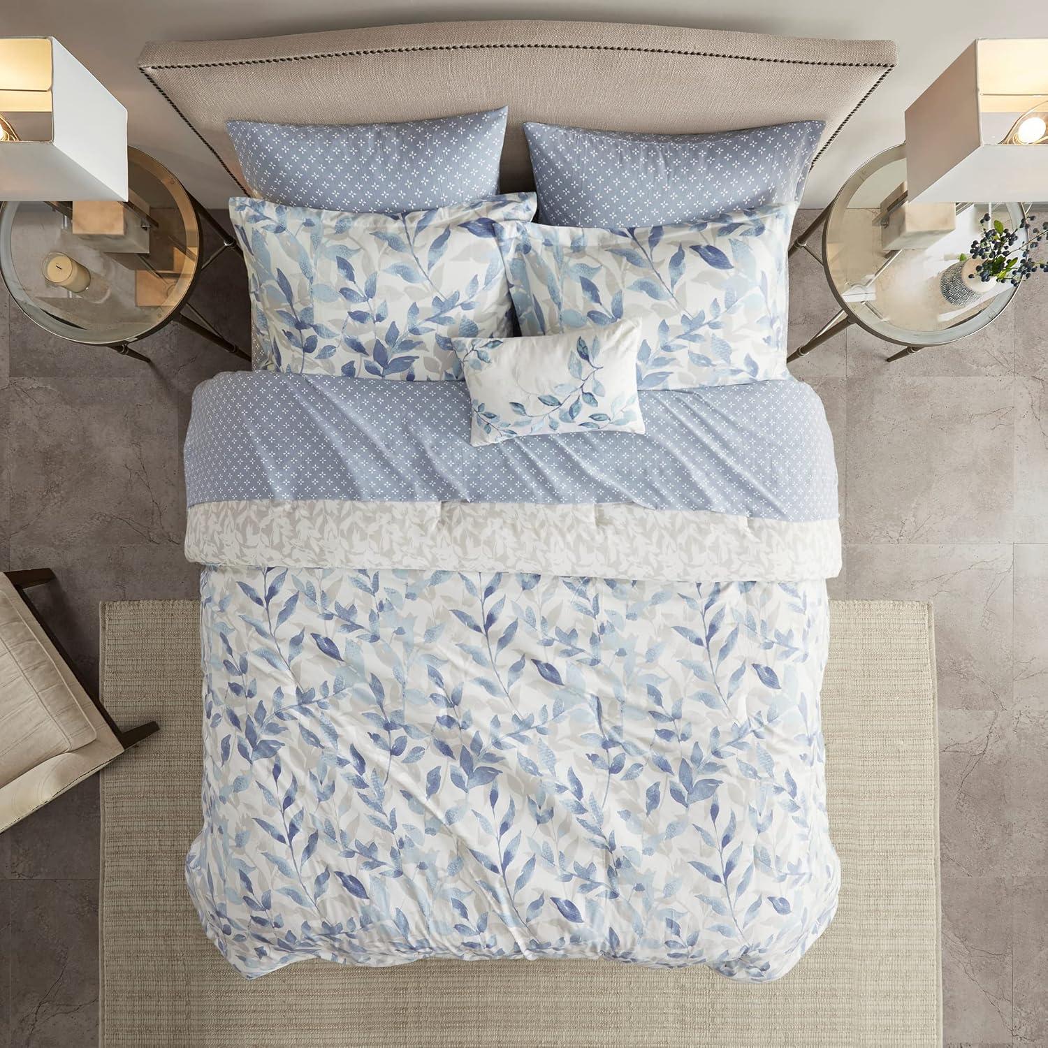 imageMadison Park Essentials Cozy Bed In A Bag Comforter with Complete Cotton Sheet Set Trendy Floral Design All Season Cover Decorative Pillow Full78x86 Leaf Purple 9 PieceSofia Blue