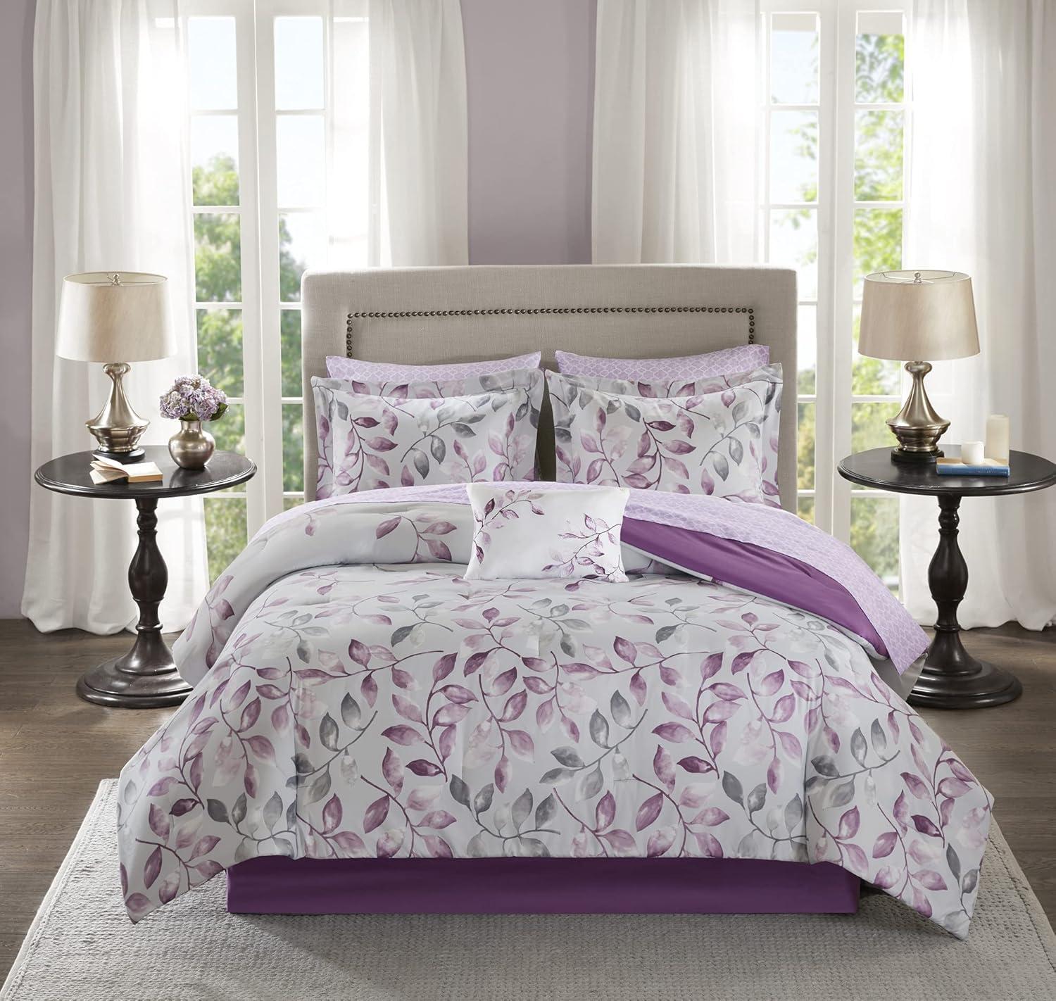 imageMadison Park Essentials Cozy Bed In A Bag Comforter with Complete Cotton Sheet Set Trendy Floral Design All Season Cover Decorative Pillow Full78x86 Leaf Purple 9 PieceLafael Leaf Purple