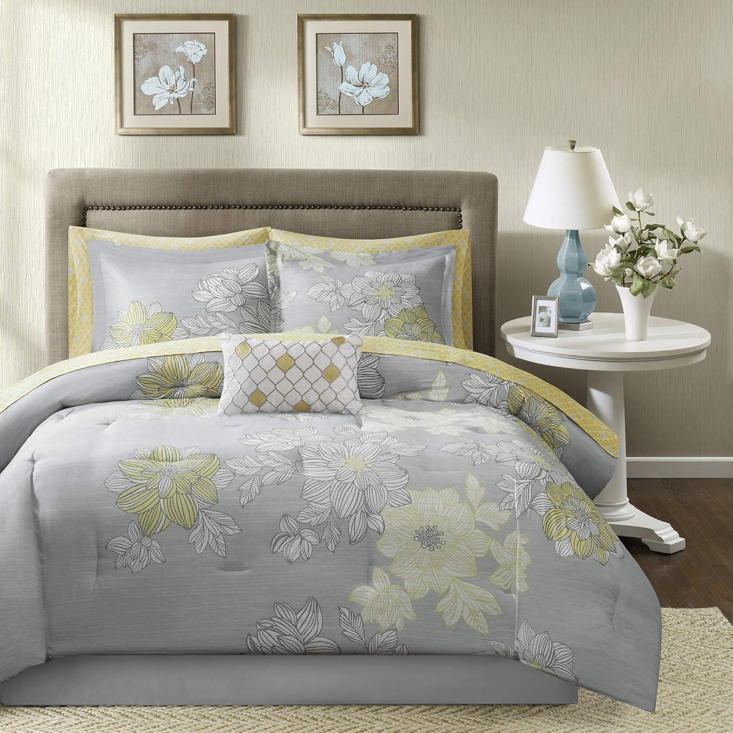 imageMadison Park Essentials Cozy Bed In A Bag Comforter with Complete Cotton Sheet Set Trendy Floral Design All Season Cover Decorative Pillow Full78x86 Leaf Purple 9 PieceAvalon Grey