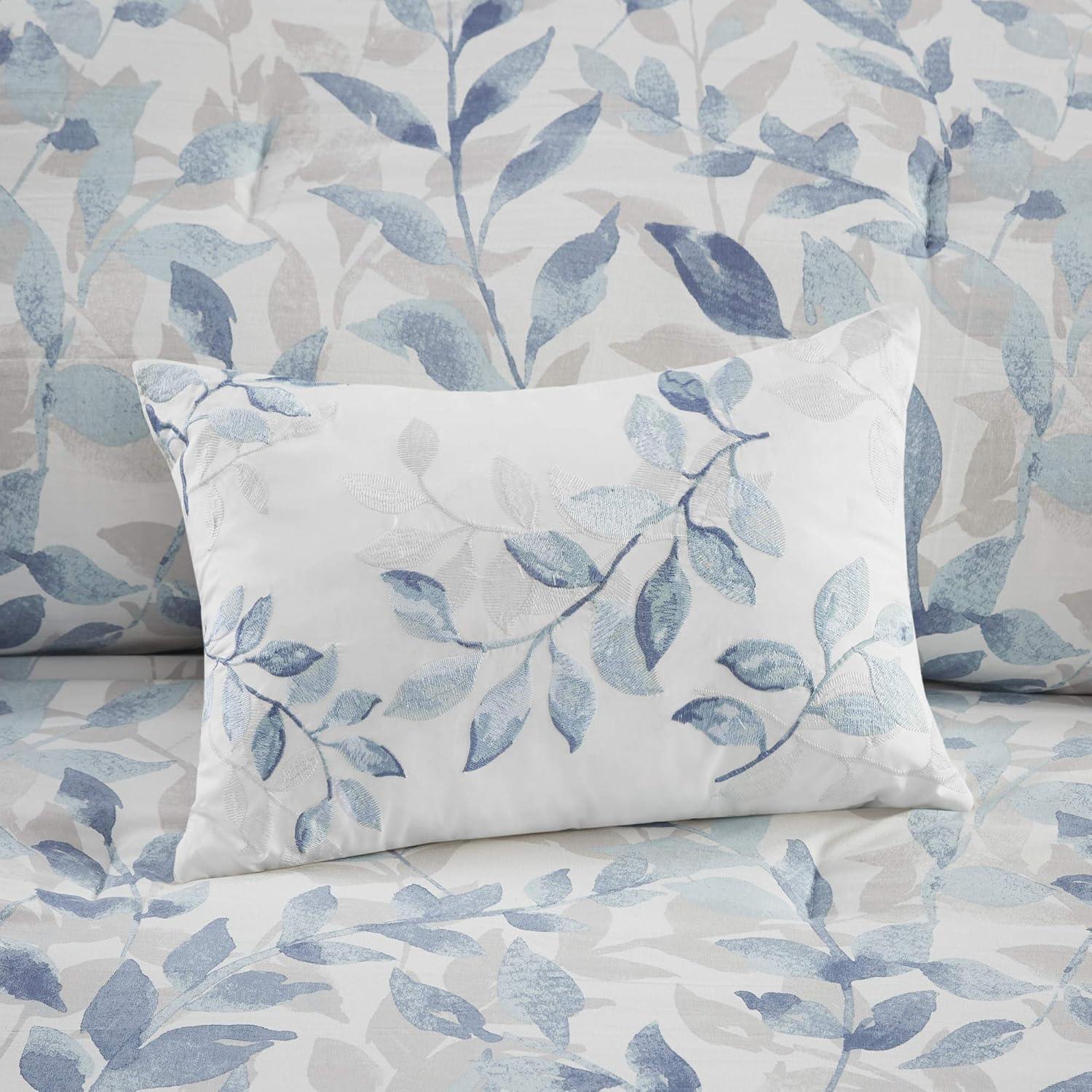 imageMadison Park Essentials Cozy Bed In A Bag Comforter with Complete Cotton Sheet Set Trendy Floral Design All Season Cover Decorative Pillow Full78x86 Leaf Purple 9 PieceSofia Blue