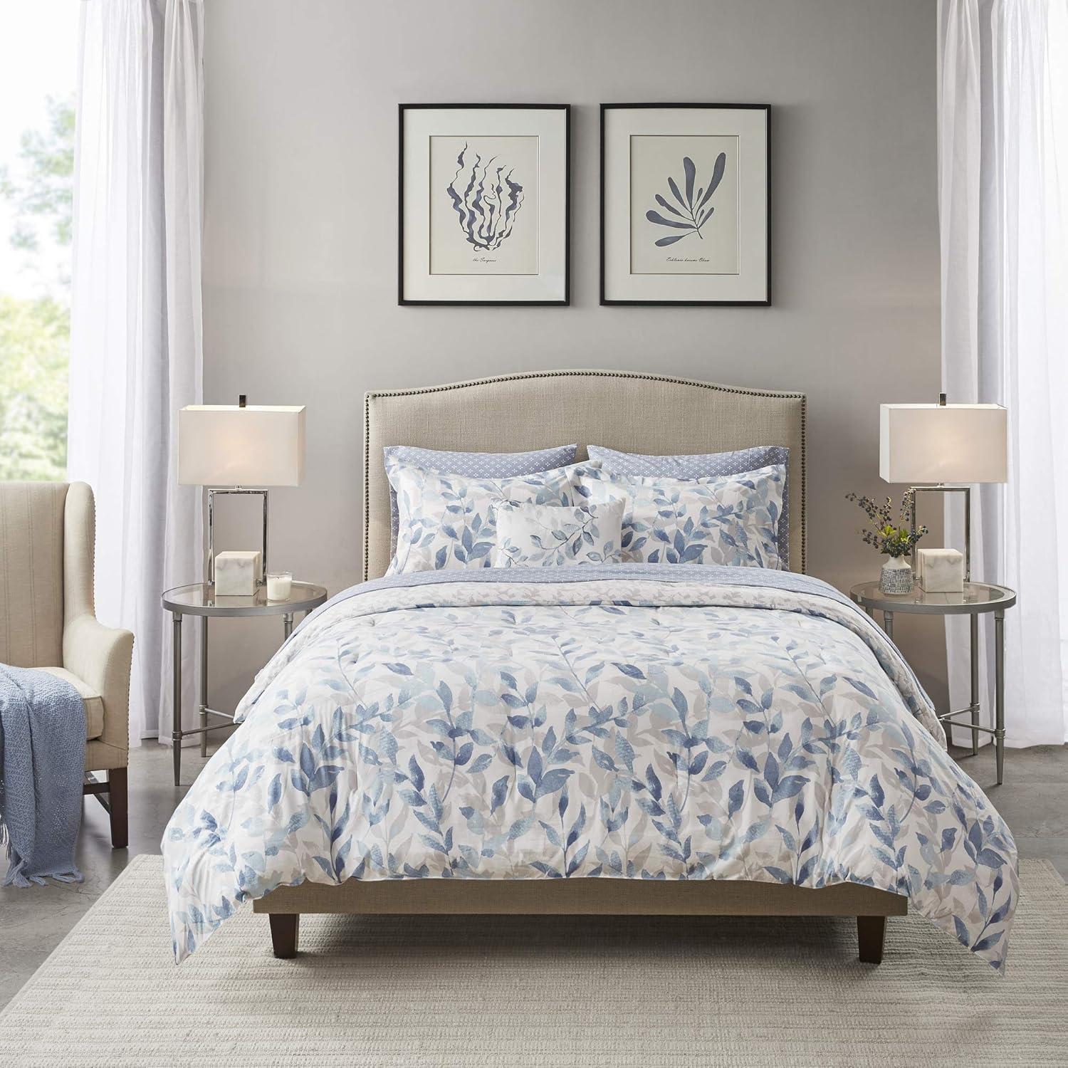 imageMadison Park Essentials Cozy Bed In A Bag Comforter with Complete Cotton Sheet Set Trendy Floral Design All Season Cover Decorative Pillow Full78x86 Leaf Purple 9 PieceSofia Blue