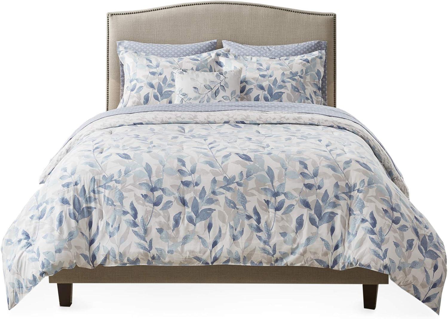 imageMadison Park Essentials Cozy Bed In A Bag Comforter with Complete Cotton Sheet Set Trendy Floral Design All Season Cover Decorative Pillow Full78x86 Leaf Purple 9 PieceSofia Blue