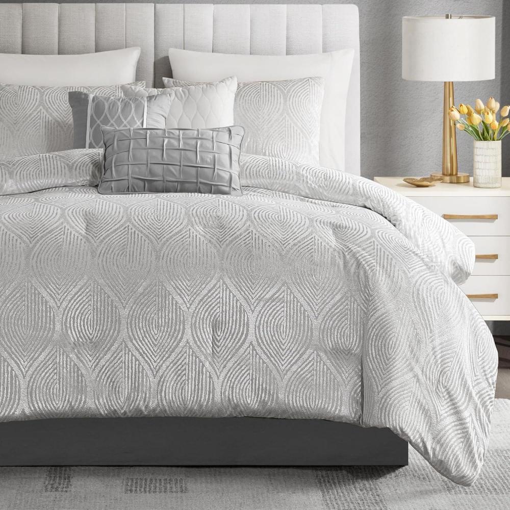 imageMadison Park 7Piece Velvet Comforter Set Jacquard Bedding Sets for All Season Includes Comforter Bed Skirt Pillow Shams and Decorative Pillow QueenKingCal King Nocturne Grey All SeasonGrey