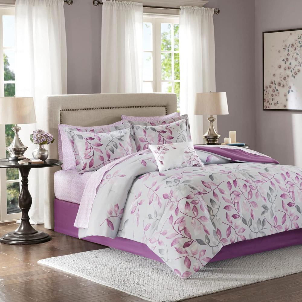 imageMadison Park Essentials Cozy Bed In A Bag Comforter with Complete Cotton Sheet Set Trendy Floral Design All Season Cover Decorative Pillow Full78x86 Leaf Purple 9 PieceLafael Leaf Purple