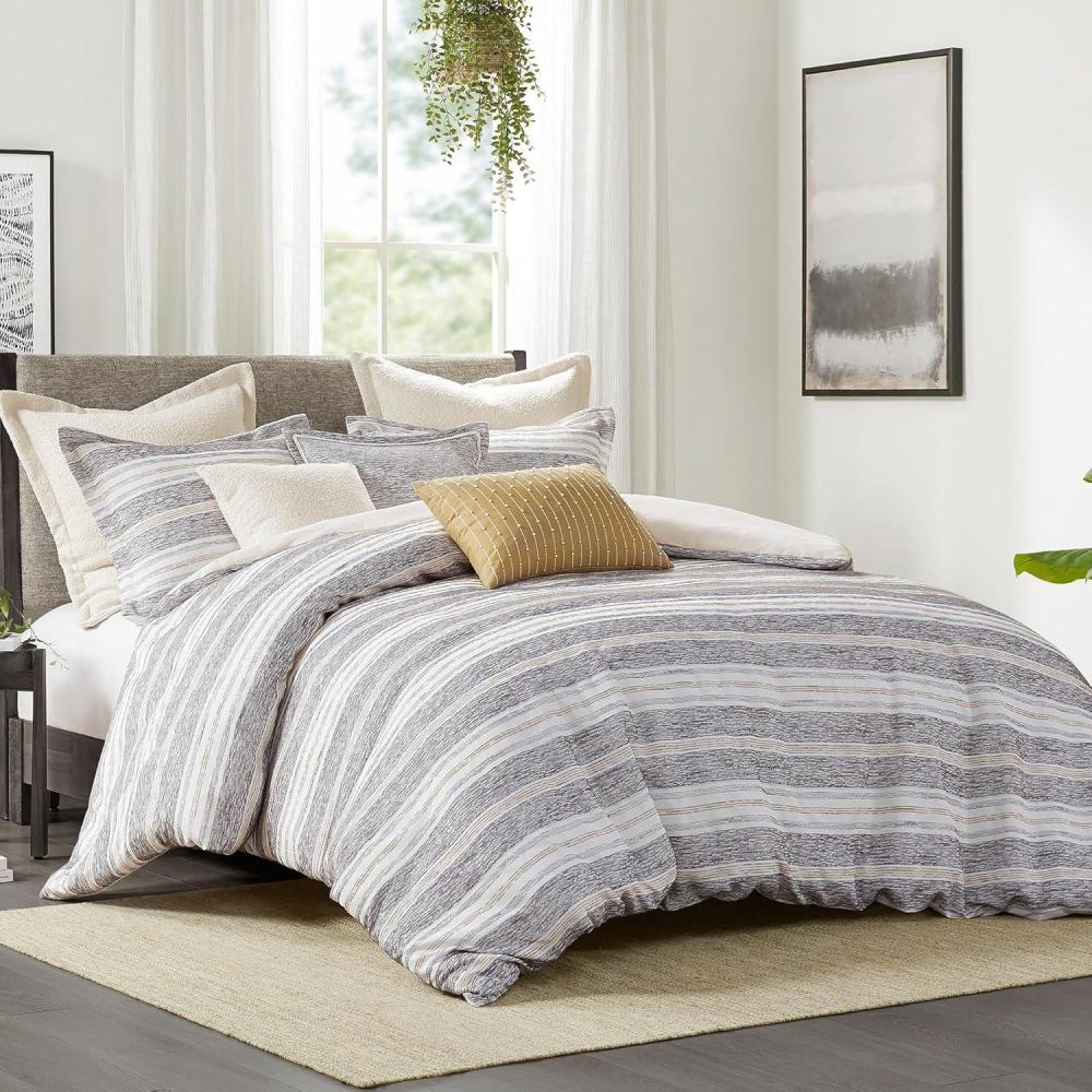 imageMadison Park Queen Comforter Cotton Rich Chenille Jacquard Stripes Oversized Comforters Queen Size Bed All Season Poly Filled Queen Size Comforter Oasis FullQueen Charcoal 8 PieceCharcoal