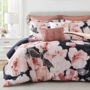 Madison Park 7-Piece Comforter Set, Floral Print, Breathable & Smooth Cotton Sateen Bedding with Euro Shams, Queen, Blue(Blush)