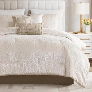 Madison Park 7-Piece Velvet Comforter Set, Jacquard Bedding Sets for All Season, Includes Comforter, Bed Skirt, Pillow Shams and Decorative Pillow, Queen/King/Cal King, Nocturne, Grey | All Season(Champagne)