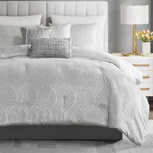 Madison Park 7-Piece Velvet Comforter Set, Jacquard Bedding Sets for All Season, Includes Comforter, Bed Skirt, Pillow Shams and Decorative Pillow, Queen/King/Cal King, Nocturne, Grey | All Season(Grey)