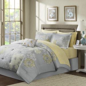 Madison Park Essentials Cozy Bed In A Bag Comforter with Complete Cotton Sheet Set – Trendy Floral Design All Season Cover, Decorative Pillow, Full(78″x86″), Leaf Purple 9 Piece(Avalon  Grey)