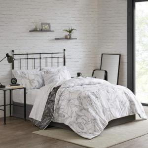 Madison Park Essentials Cozy Bed In A Bag Comforter with Complete Cotton Sheet Set – Trendy Floral Design All Season Cover, Decorative Pillow, Full(78″x86″), Leaf Purple 9 Piece(Lilia  White/Charcoal)