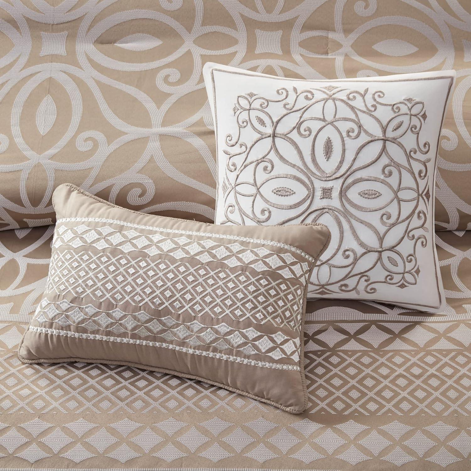 imageMadison Park Carina Cozy Comforter Set Luxe Jacquard Medallion Design with Embroidery and Pleated Details All Season Bedding with Matching Shams Decorative Pillow Queen Taupe 7 PieceCarina Taupe Comforter 7pcs