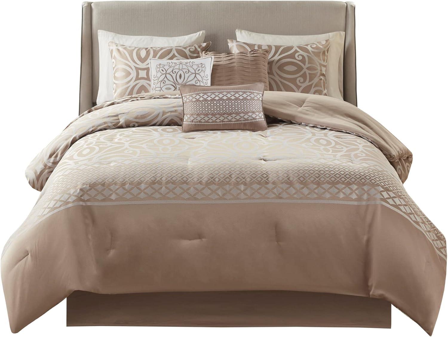 imageMadison Park Carina Cozy Comforter Set Luxe Jacquard Medallion Design with Embroidery and Pleated Details All Season Bedding with Matching Shams Decorative Pillow Queen Taupe 7 PieceCarina Taupe Comforter 7pcs
