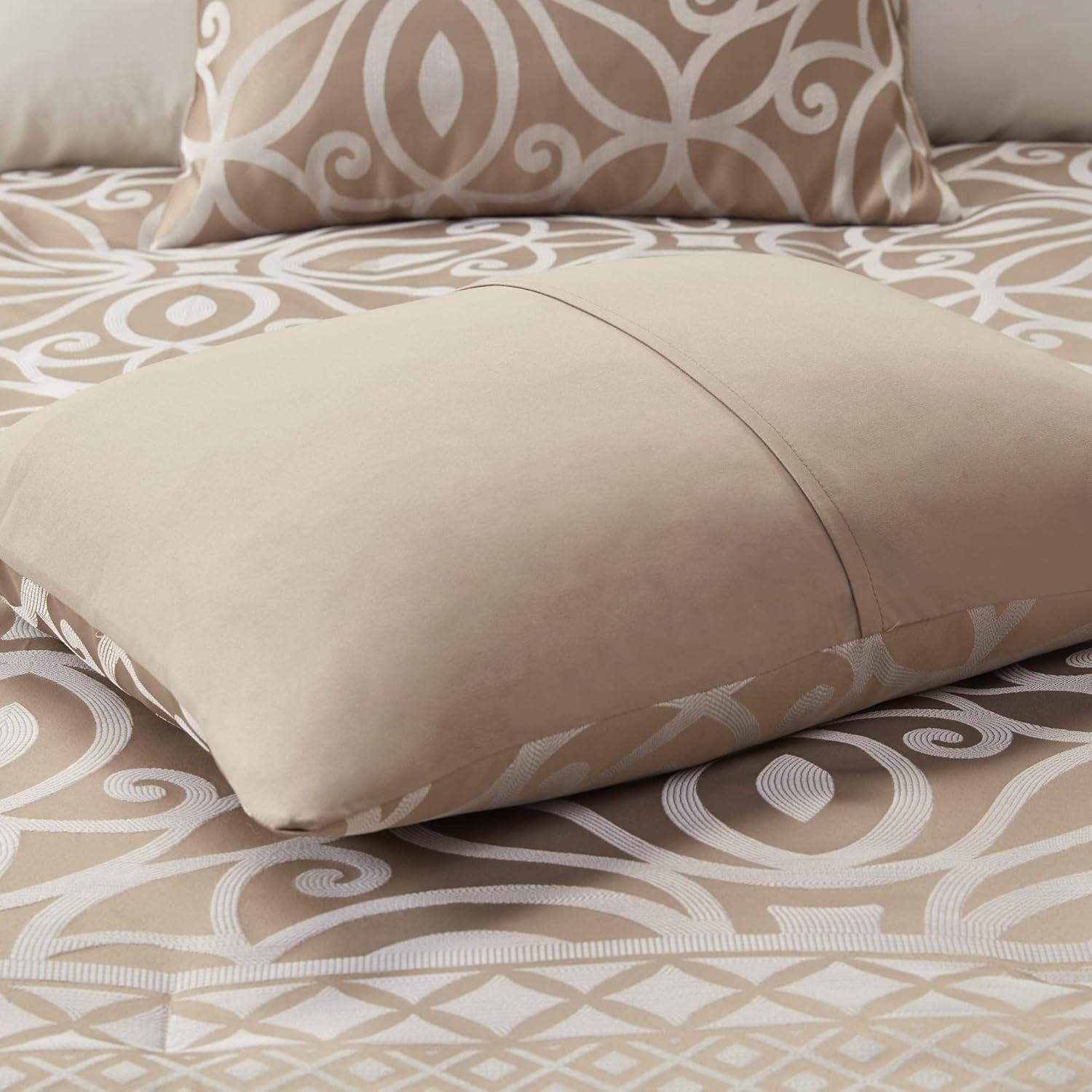 imageMadison Park Carina Cozy Comforter Set Luxe Jacquard Medallion Design with Embroidery and Pleated Details All Season Bedding with Matching Shams Decorative Pillow Queen Taupe 7 PieceCarina Taupe Comforter 7pcs