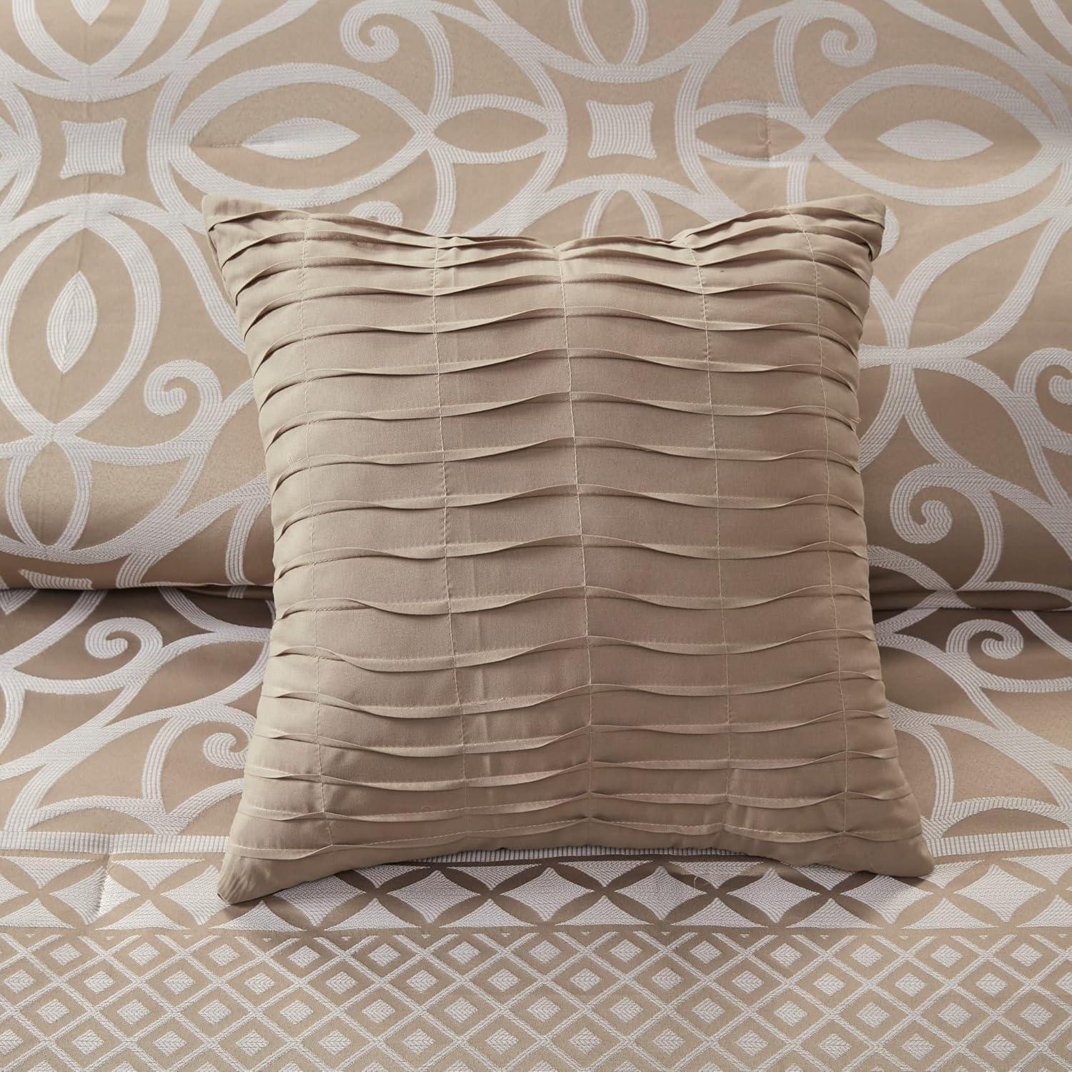 imageMadison Park Carina Cozy Comforter Set Luxe Jacquard Medallion Design with Embroidery and Pleated Details All Season Bedding with Matching Shams Decorative Pillow Queen Taupe 7 PieceCarina Taupe Comforter 7pcs